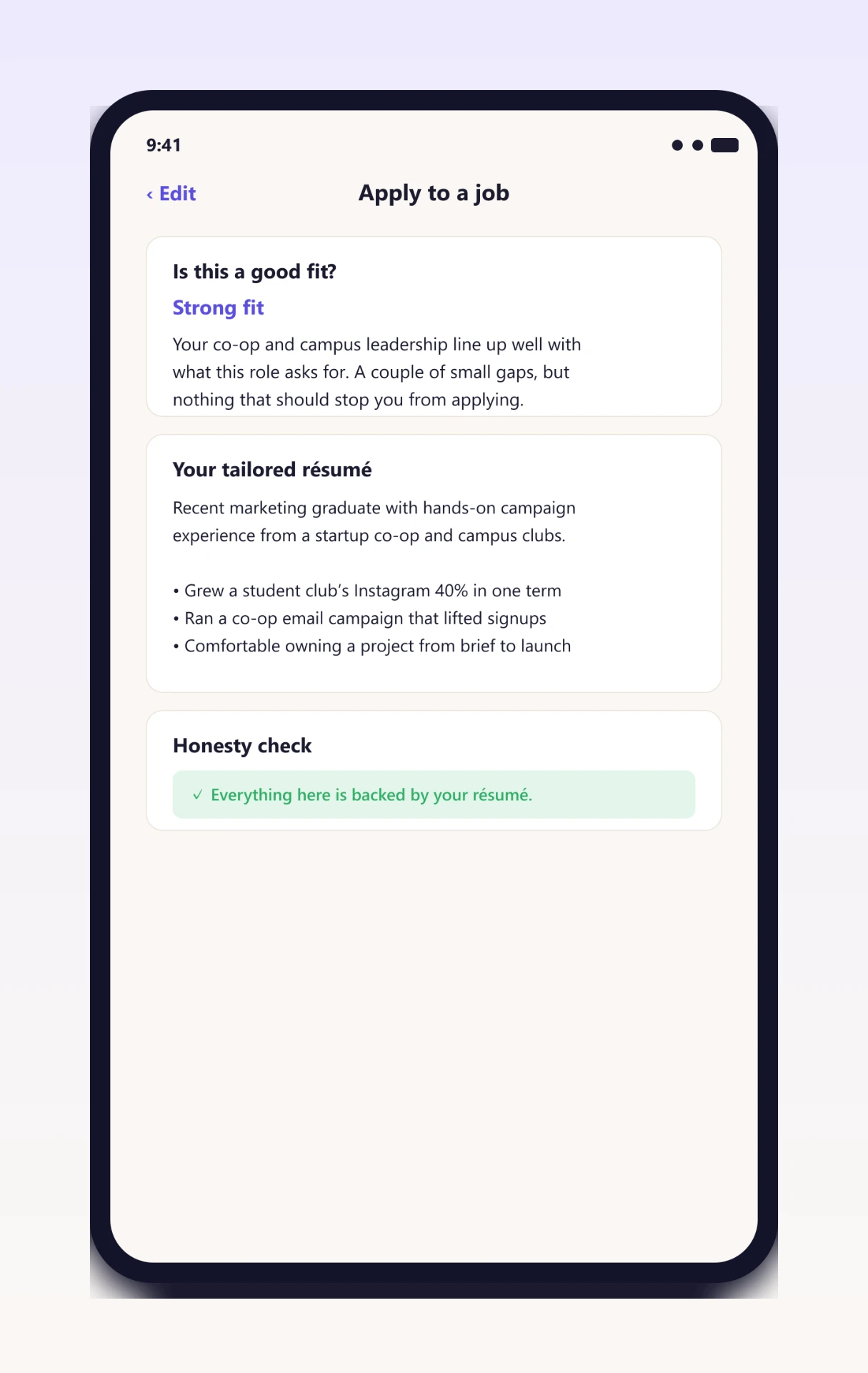 Sidekick apply to a job screen with honesty check